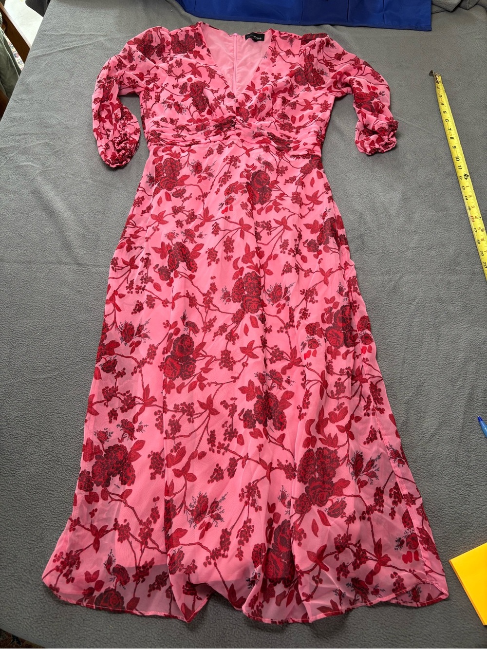 Lucy Paris Pink Red Floral Maxi Dress XS V-Neck Puff Sleeve tea length Chiffon